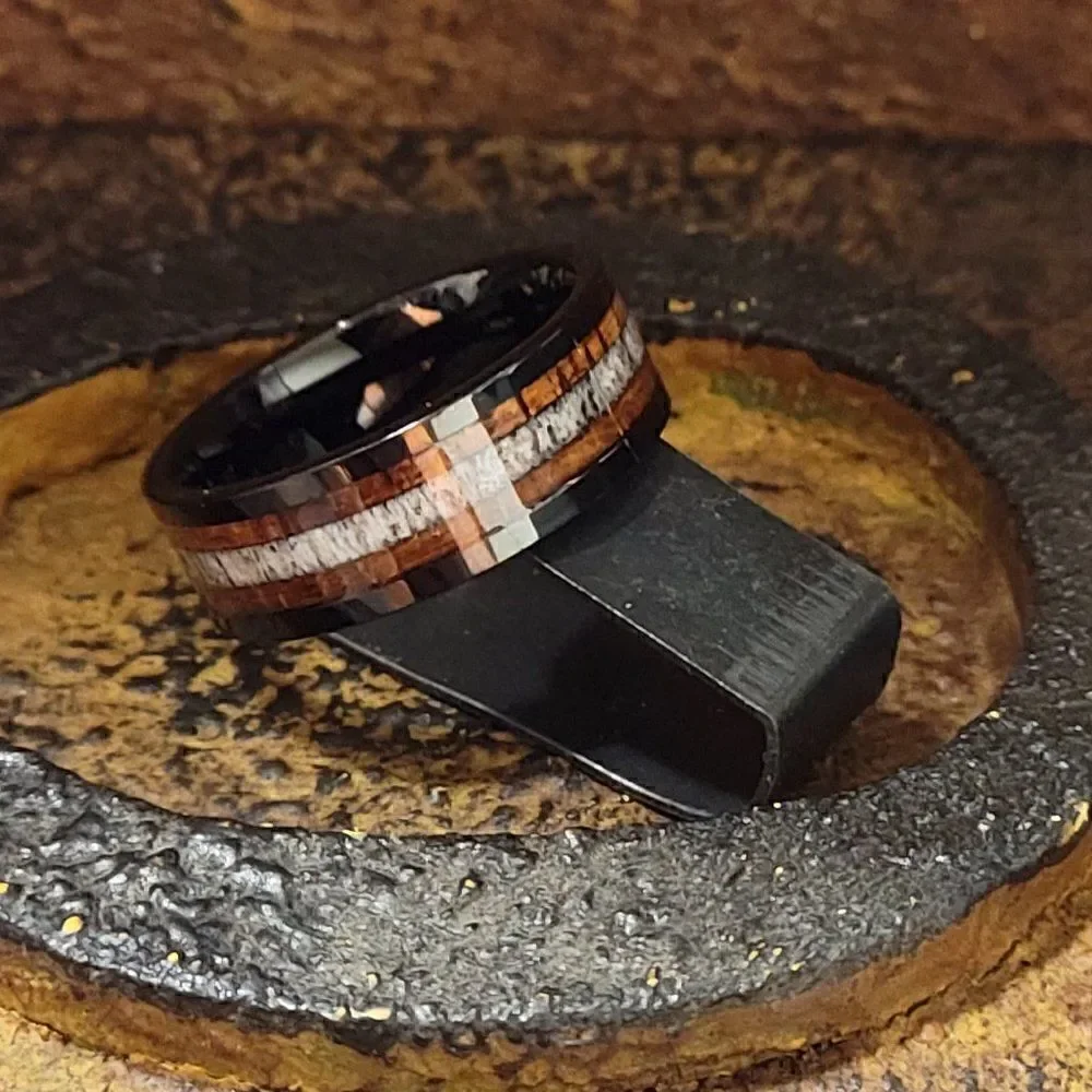 Personalized Engraved Men's Black Tungsten Wedding Ring Bone and Koa Wood